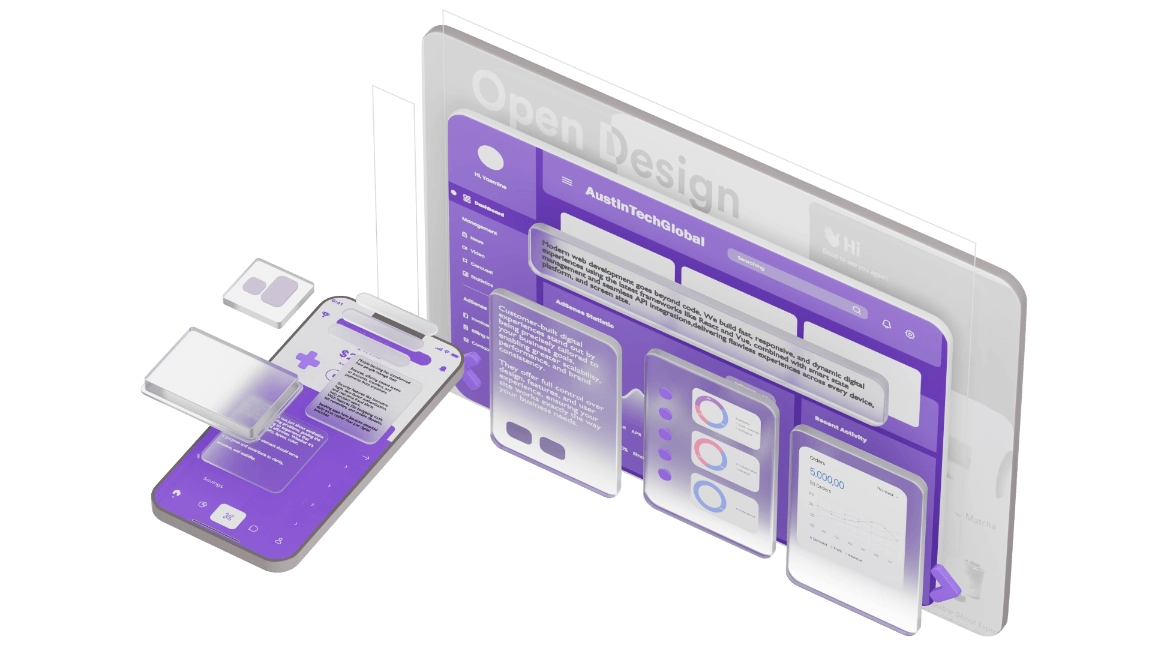 3d animated graphic showing mobile and desktop interfaces with dynamic moving elements demonstrating interactive design.